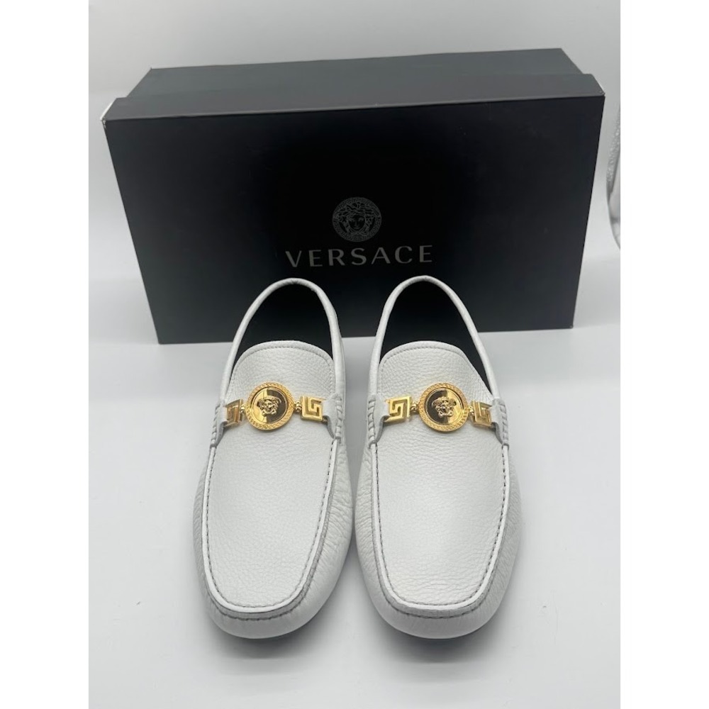 Versace Medusa Greca Car Shoes White Leather Loafers Mens 8 US 40.5 EU NIB